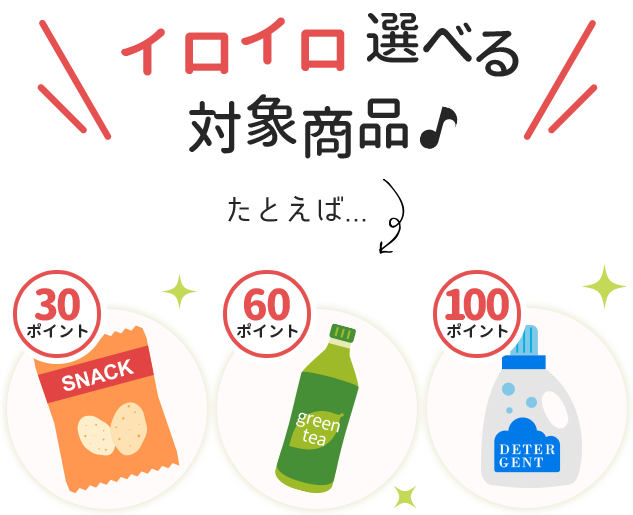 イロイロ選べる対象商品♪ たとえば…SNACK30ポイント green tea100ポイント DETERGENT60ポイント